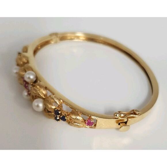 Antique 14k Yellow Gold Diamond,Pearls,Ruby &Sapphire Bangle Bracelets - Picture 4 of 16